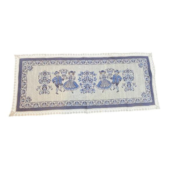 Austria made old world table runner blue and cream couple dancers - Picture 1 of 14